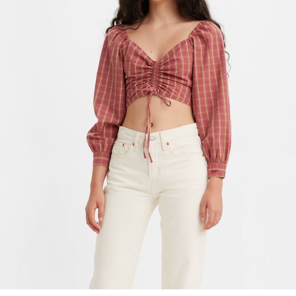 Levi's Devin blouse red plaid tie crop top peasant Boho puff sleeve size S